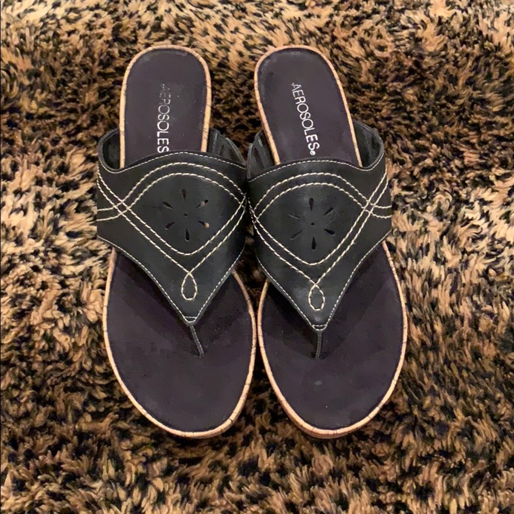 Aerosoles black and cork wedge sandals